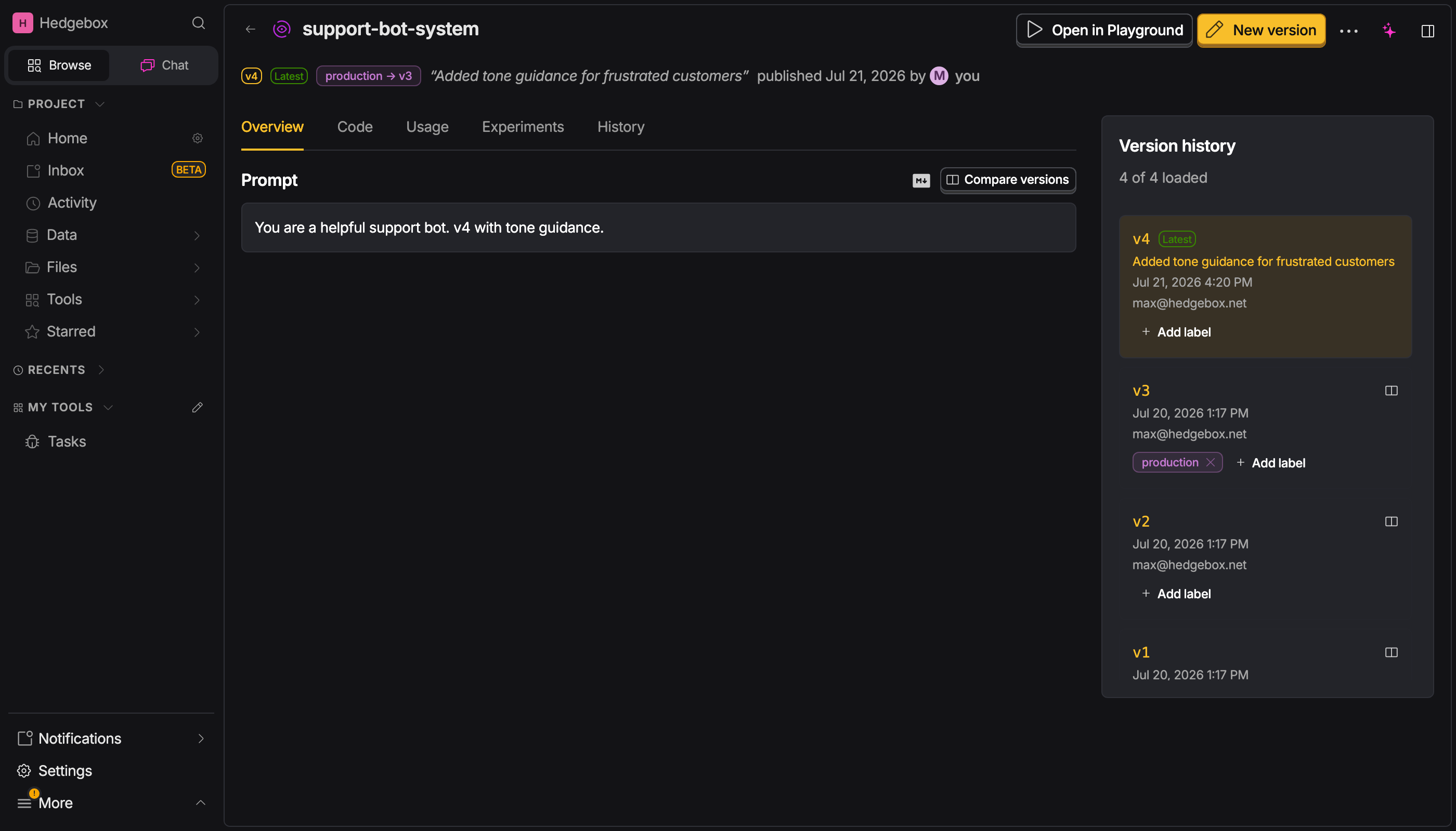 Labels on prompt versions in the version history
